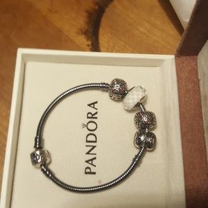 Pandora bracelet w/ 4 charms. White ring Pandora.